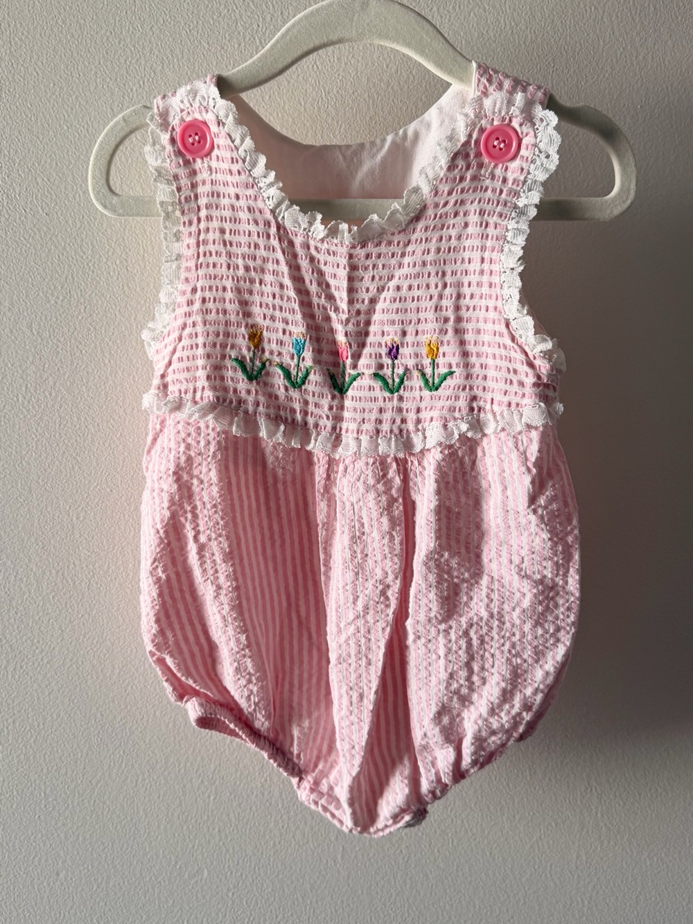 Vintage Spring Flower Pink Embroidered Baby Romper